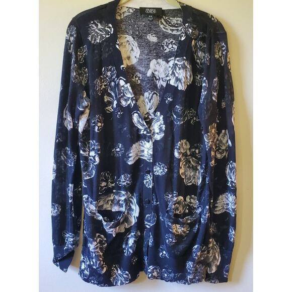 Prabal Gurung Womens M Black & White Floral Print V Neck Button Cardigan Cotton - Picture 1 of 11